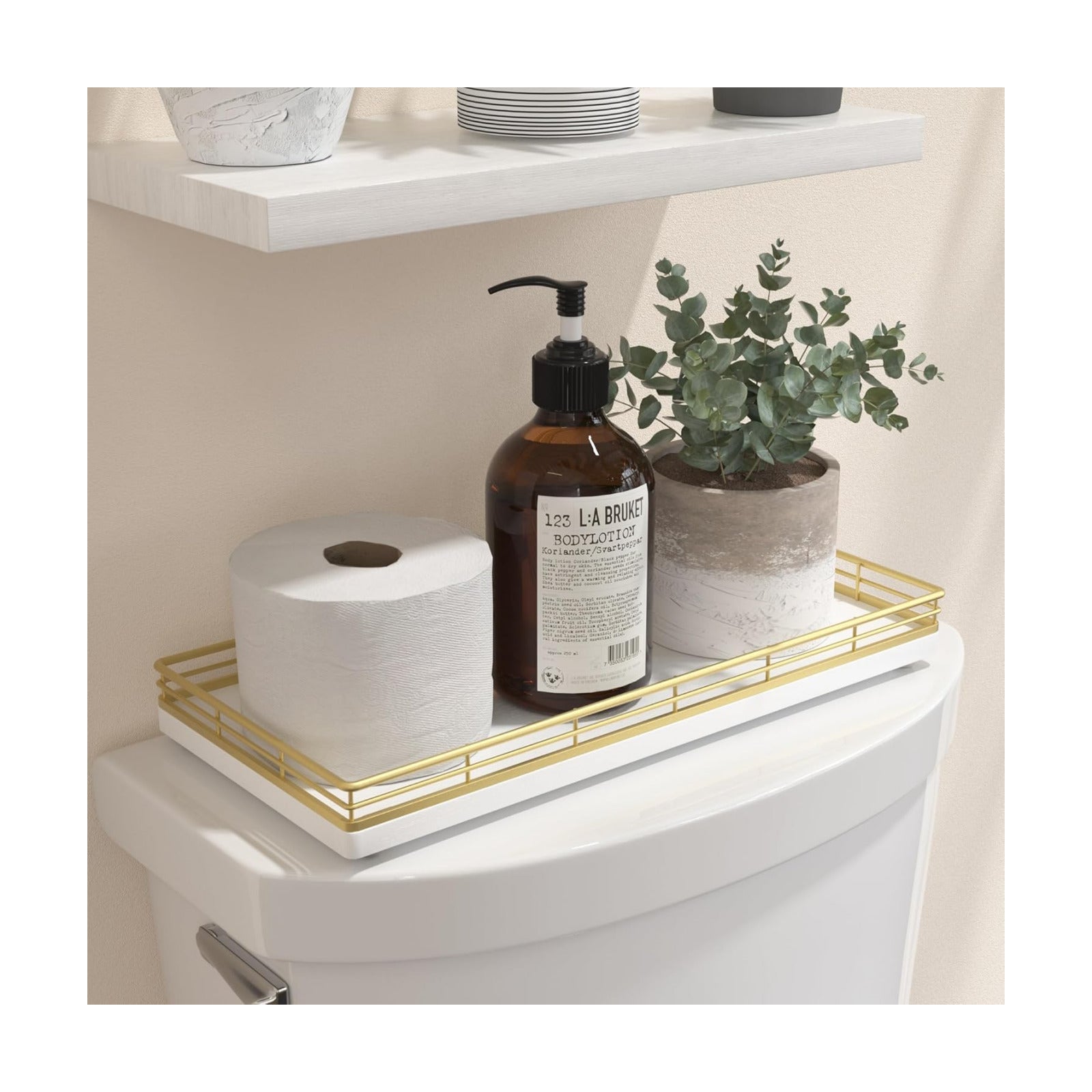 13" Wood Toilet Paper Storage Basket Tray Back of Toilet Basket / Gold & White / 13 x 6.5 x 1.5