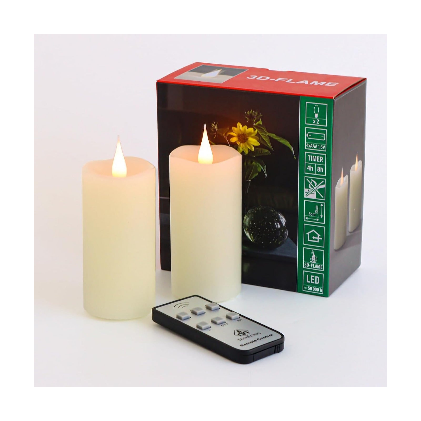 Flameless Candles Battery Operated with Remote Timer, 3D Moving Flame Flickering, Last 400+ Hours, 2" x 4" Ivory Real