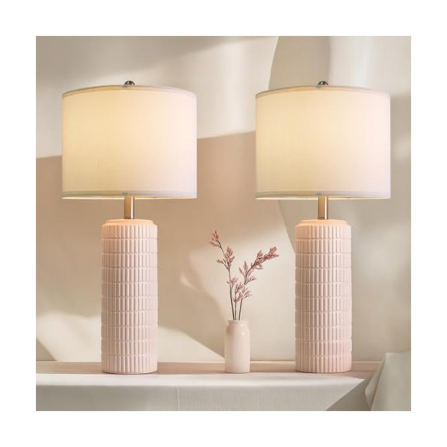 PoKat 27.5" Pink Ceramic Table Lamps for Girls Room Set of 2, Modern Bedroom Lamps, Bedside Lamps for Night Stands