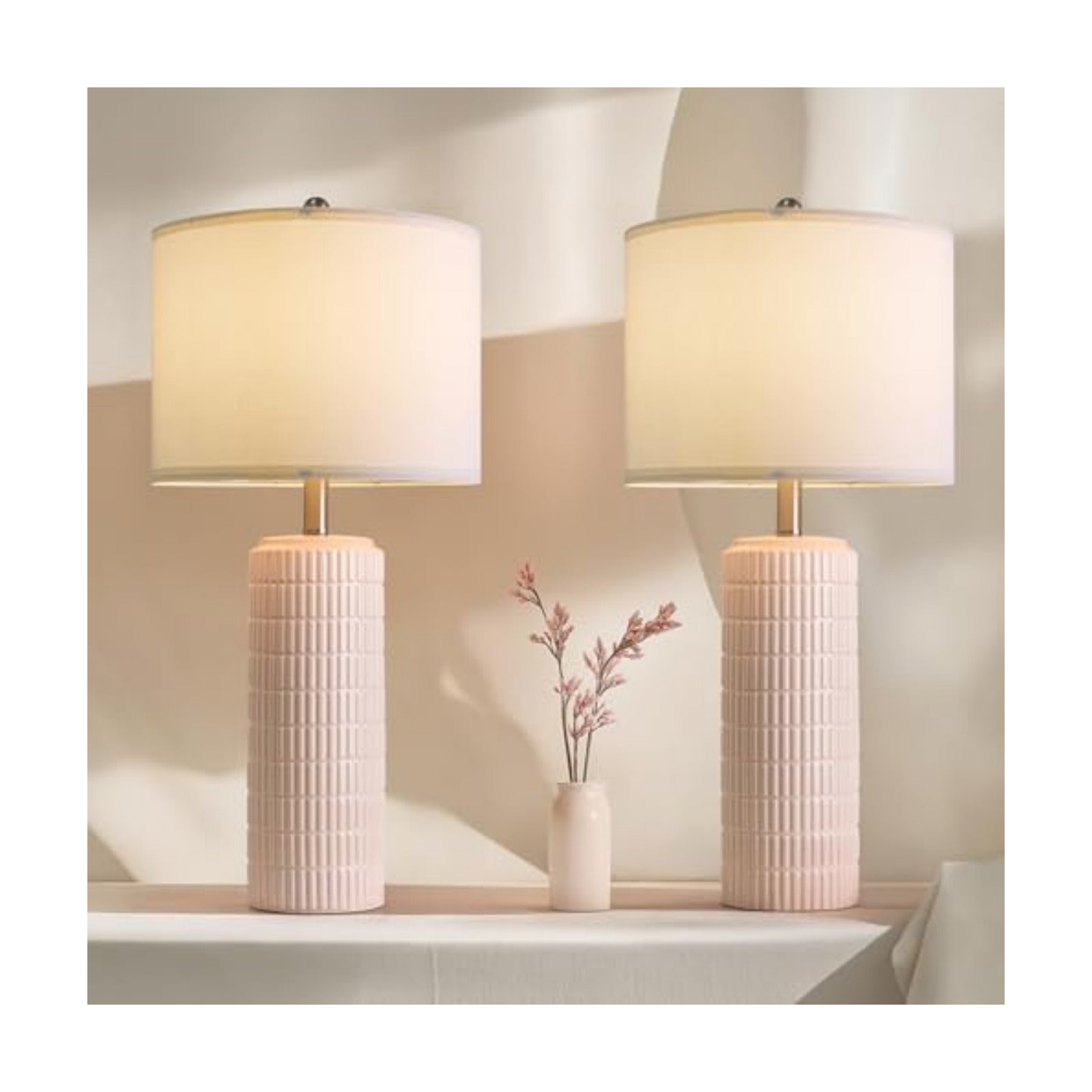 PoKat 27.5" Pink Ceramic Table Lamps for Girls Room Set of 2, Modern Bedroom Lamps, Bedside Lamps for Night Stands