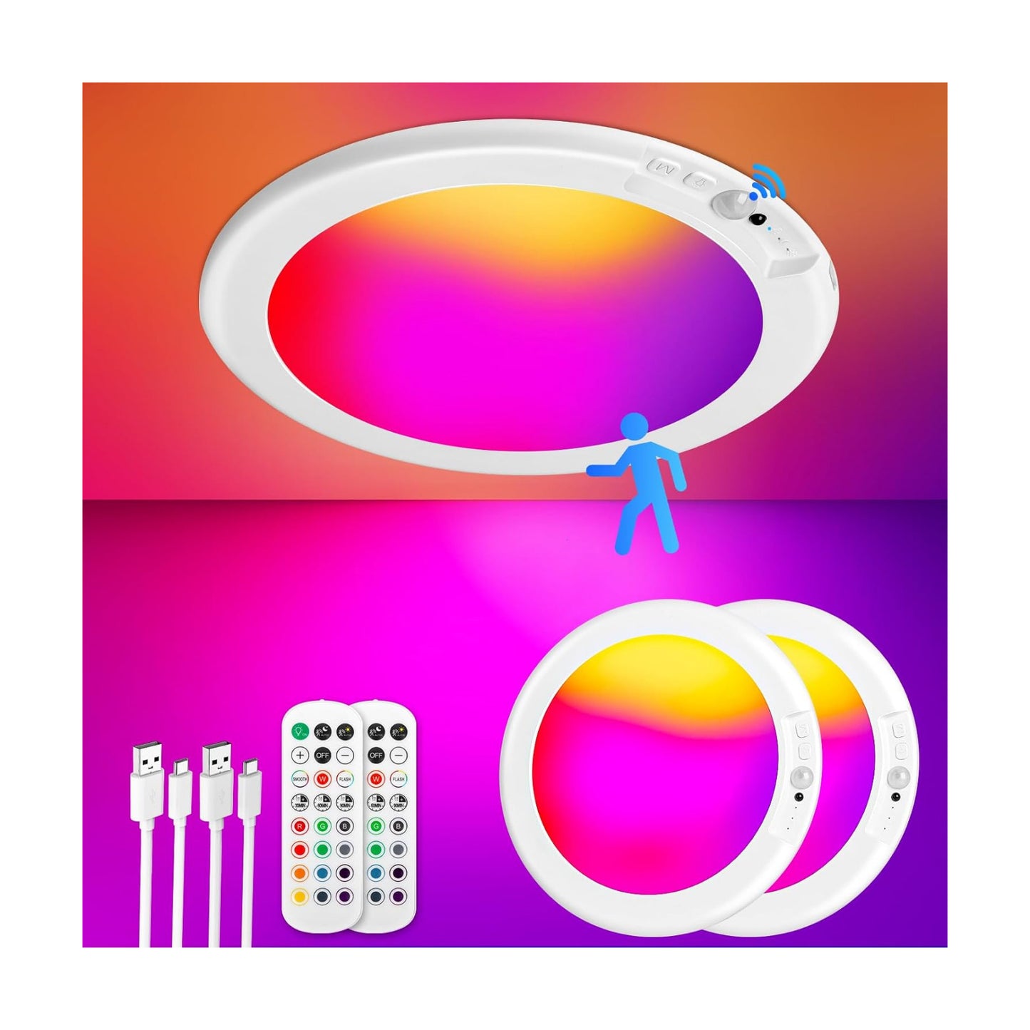Rechargeable Motion Sensor Ceiling Light, Battery Closet Light 12 RGB Color | Wireless Battery Powered LED Shower