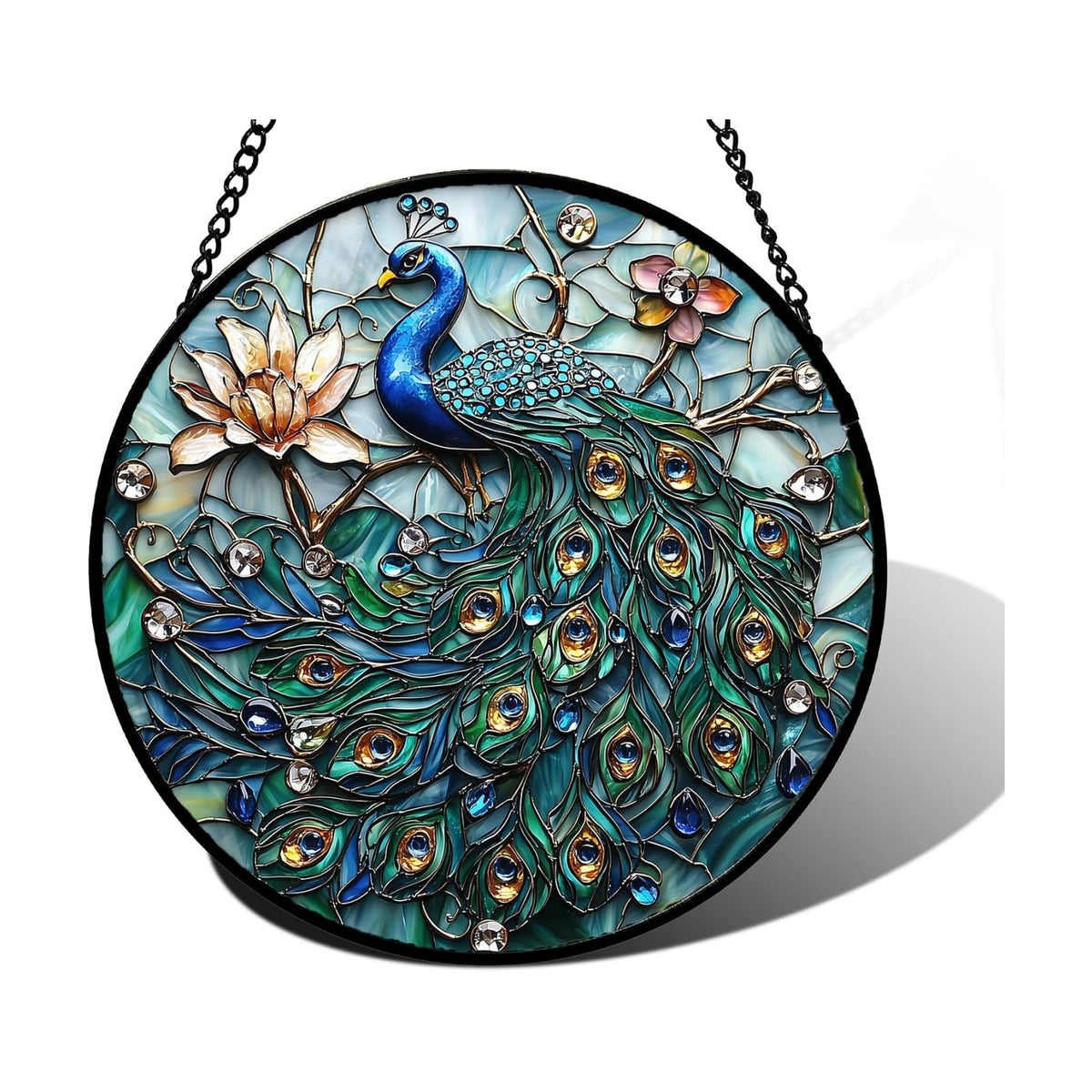 Peacock and Lotus Stained Glass Window Hanging Suncatcher Gifts Decor 7.8"