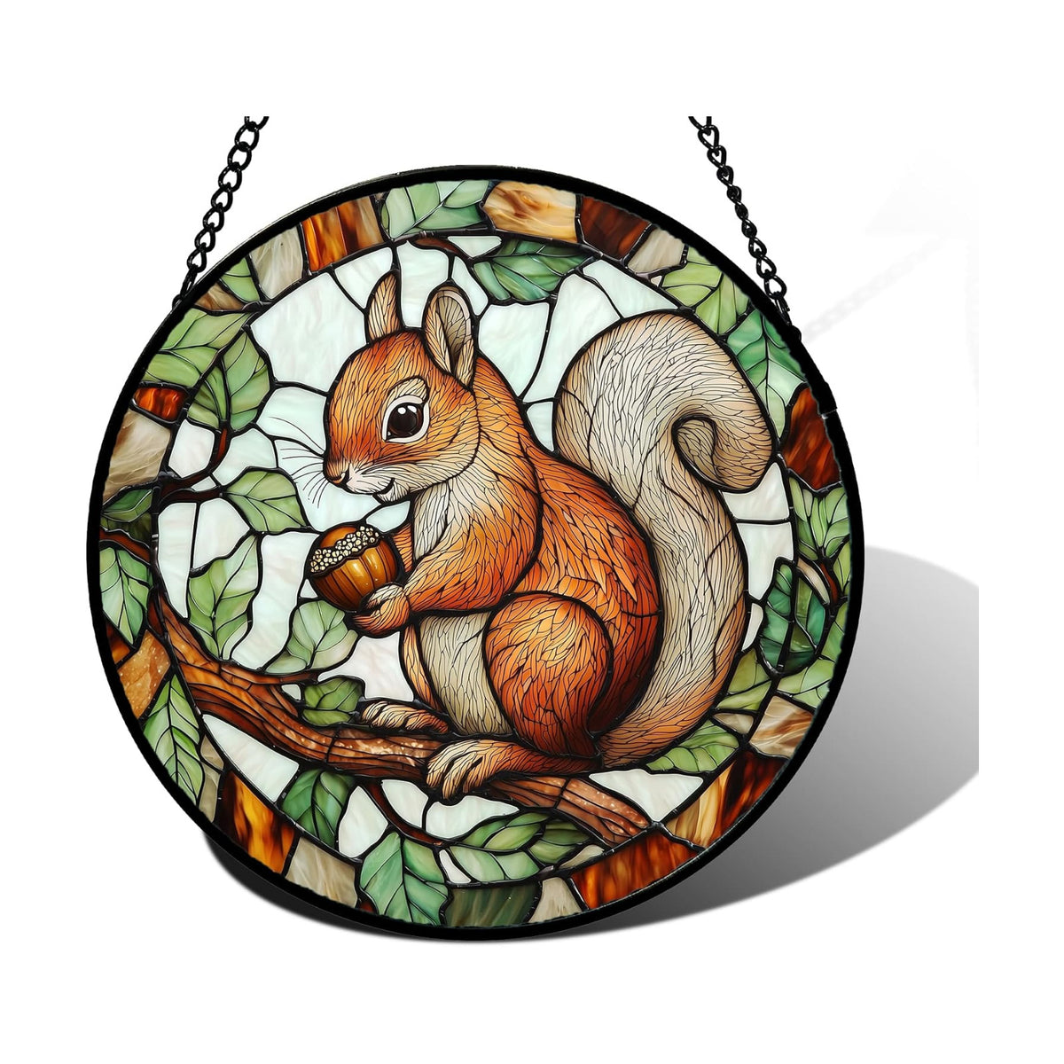 Red Squirrel with Acorn Stained Glass Window Hanging Suncatcher Gift 7.8"