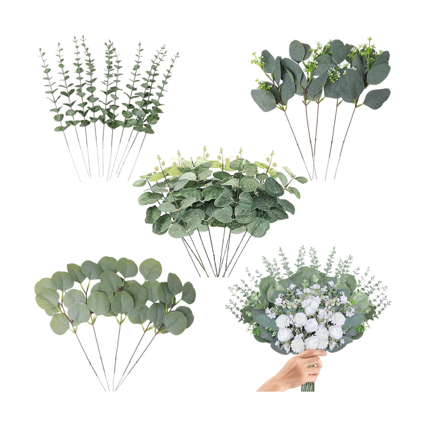 4 Kinds Mixed Artificial Dollar Eucalyptus Leaves Bundle Faux Greenery Branches / Silver / Set of 30