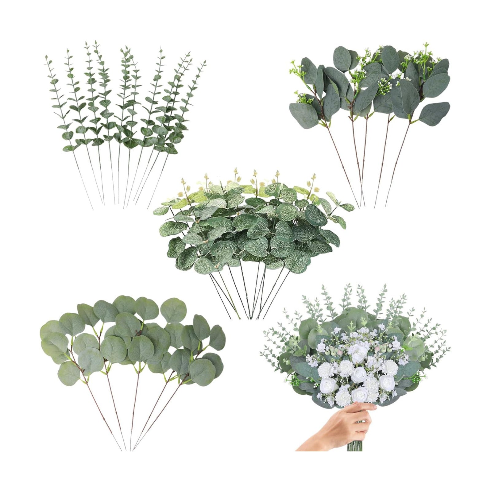 4 Kinds Mixed Artificial Dollar Eucalyptus Leaves Bundle Faux Greenery Branches / Silver / Set of 30