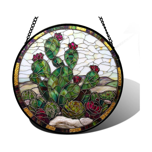 Prickly Pear Cactus Bloom Stained Glass Window Hanging Suncatcher Gift 9.8"
