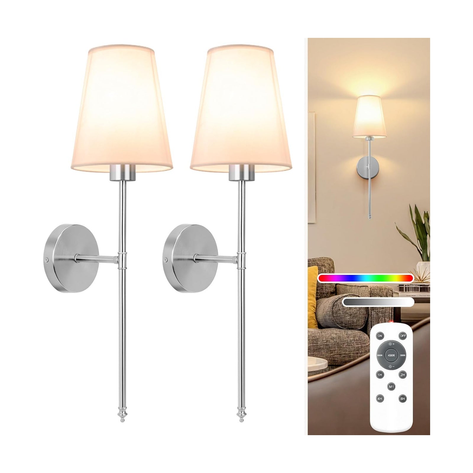 25.4 inch Brushed Nickel Battery Operated Wall Sconce Set of 2,Rechargeable Wall Lights with Dimmable Detachable Bulbs