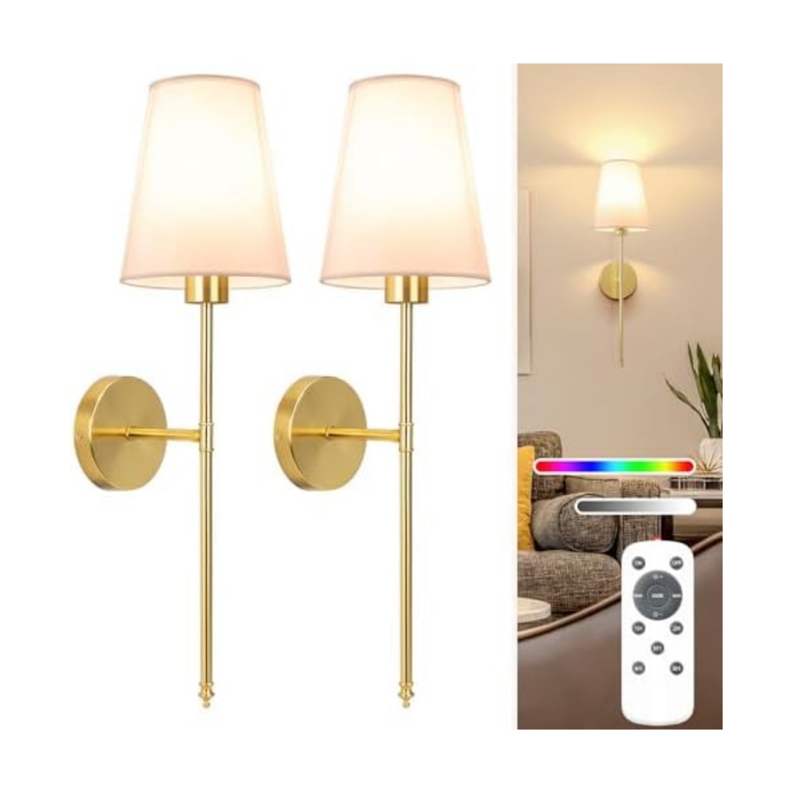 NIORSUN 25.4 inch Battery Operated Wall Sconce Set of 2,Gold Rechargeable Wall Lights with 10400mAh Dimmable Detachable