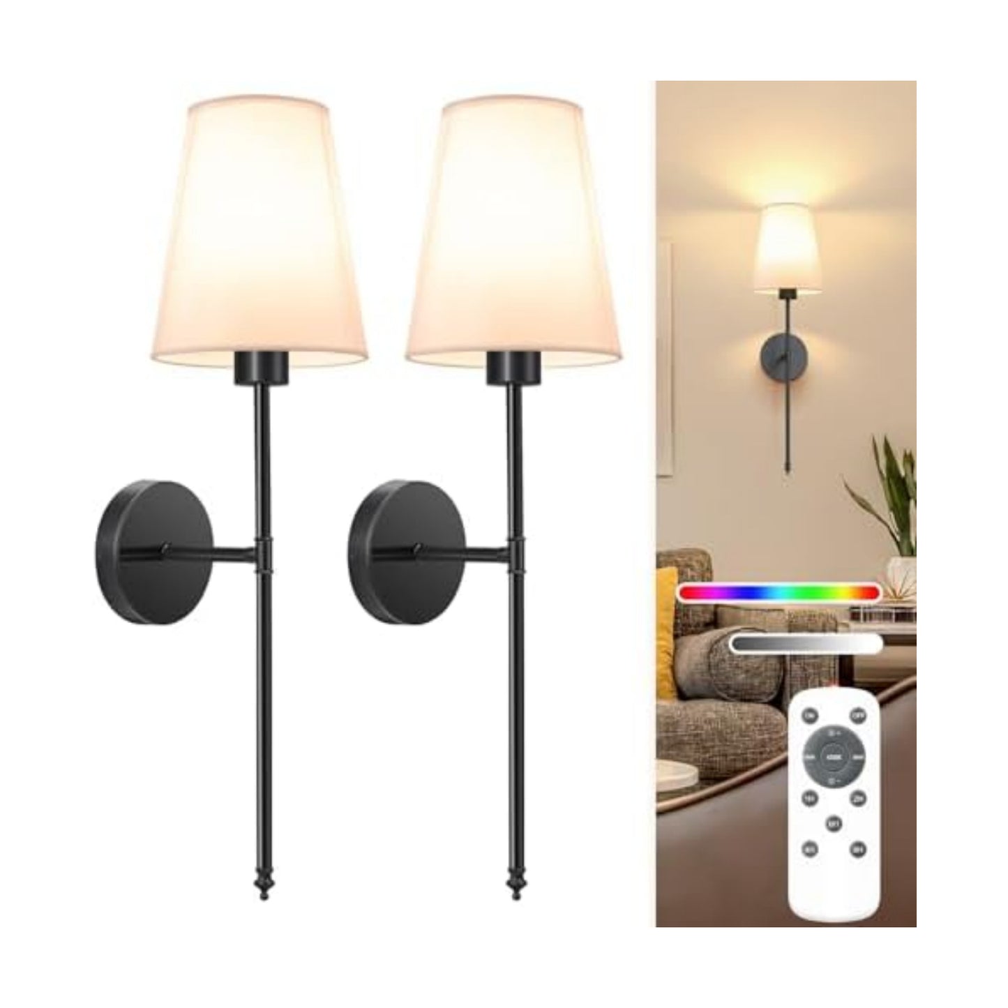 NIORSUN 25.4 inch Battery Operated Wall Sconce Set of 2,Black Rechargeable Wall Lights with 10400mAh Dimmable