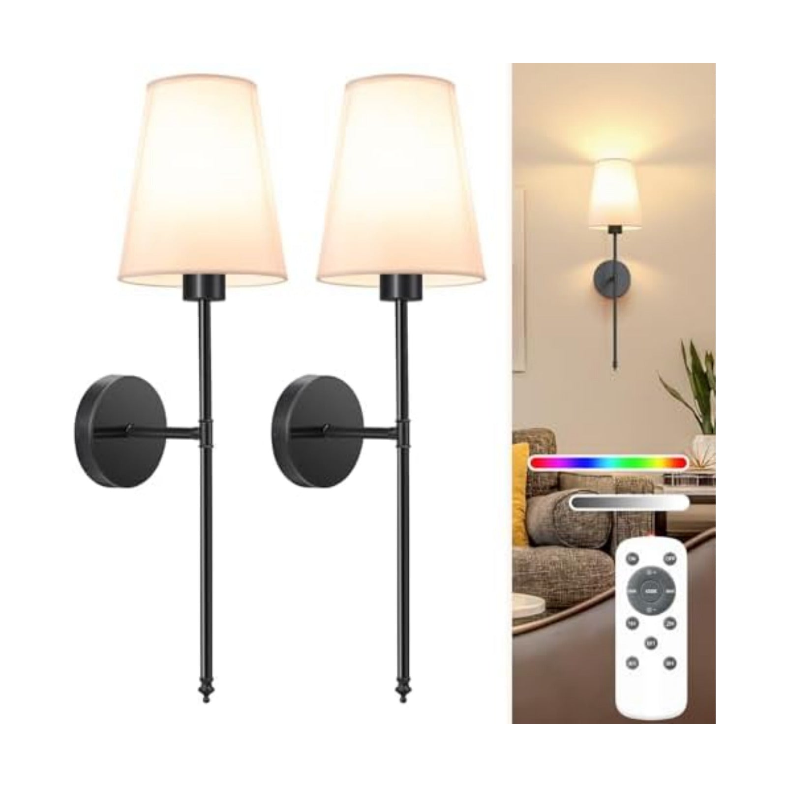 NIORSUN 25.4 inch Battery Operated Wall Sconce Set of 2,Black Rechargeable Wall Lights with 10400mAh Dimmable