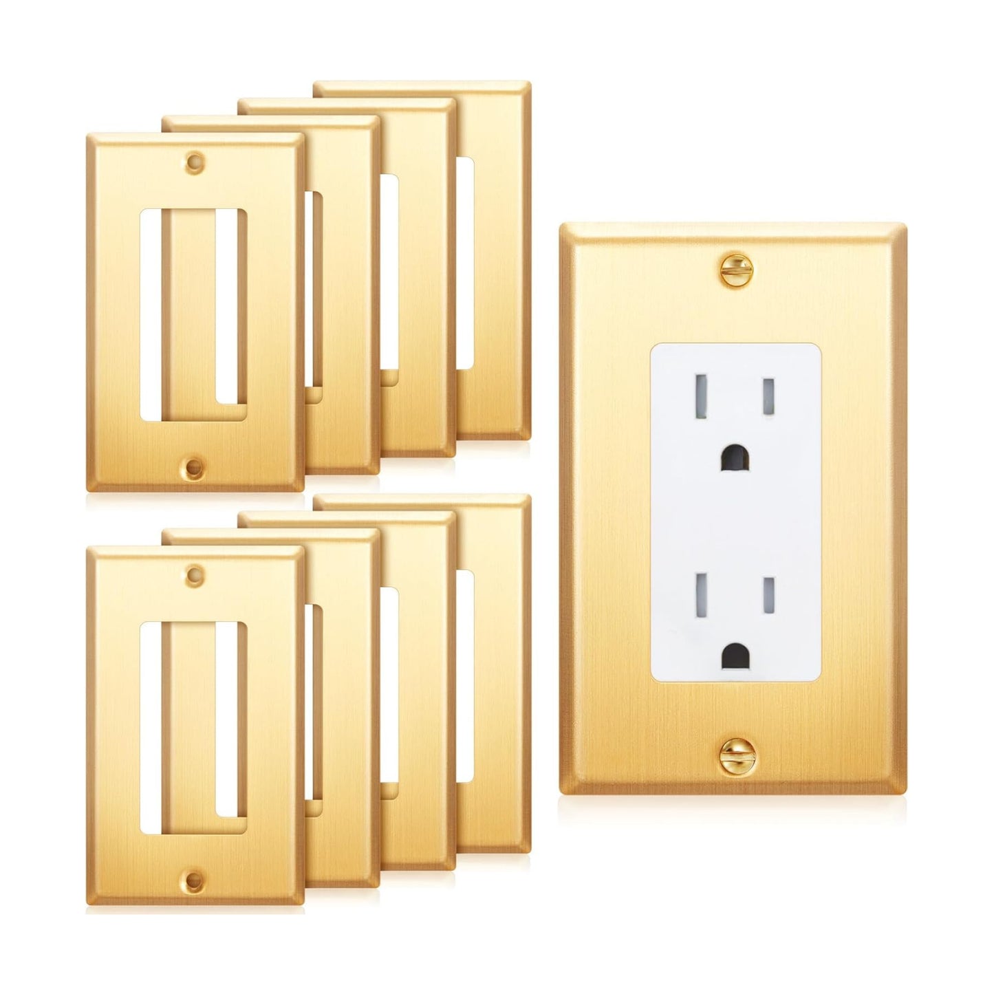 Zonon 8 Pack Gold Outlet Covers 4.50" x 2.76" Single Receptacle Wallplate Rocker Covers Brass Metal Brushed Decorative