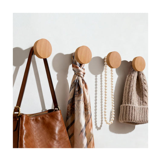 Wood Hooks No Damage Wall Hooks Round Rings Adhesive Hooks Clothes Friendly for Coat Hat / Set of 4