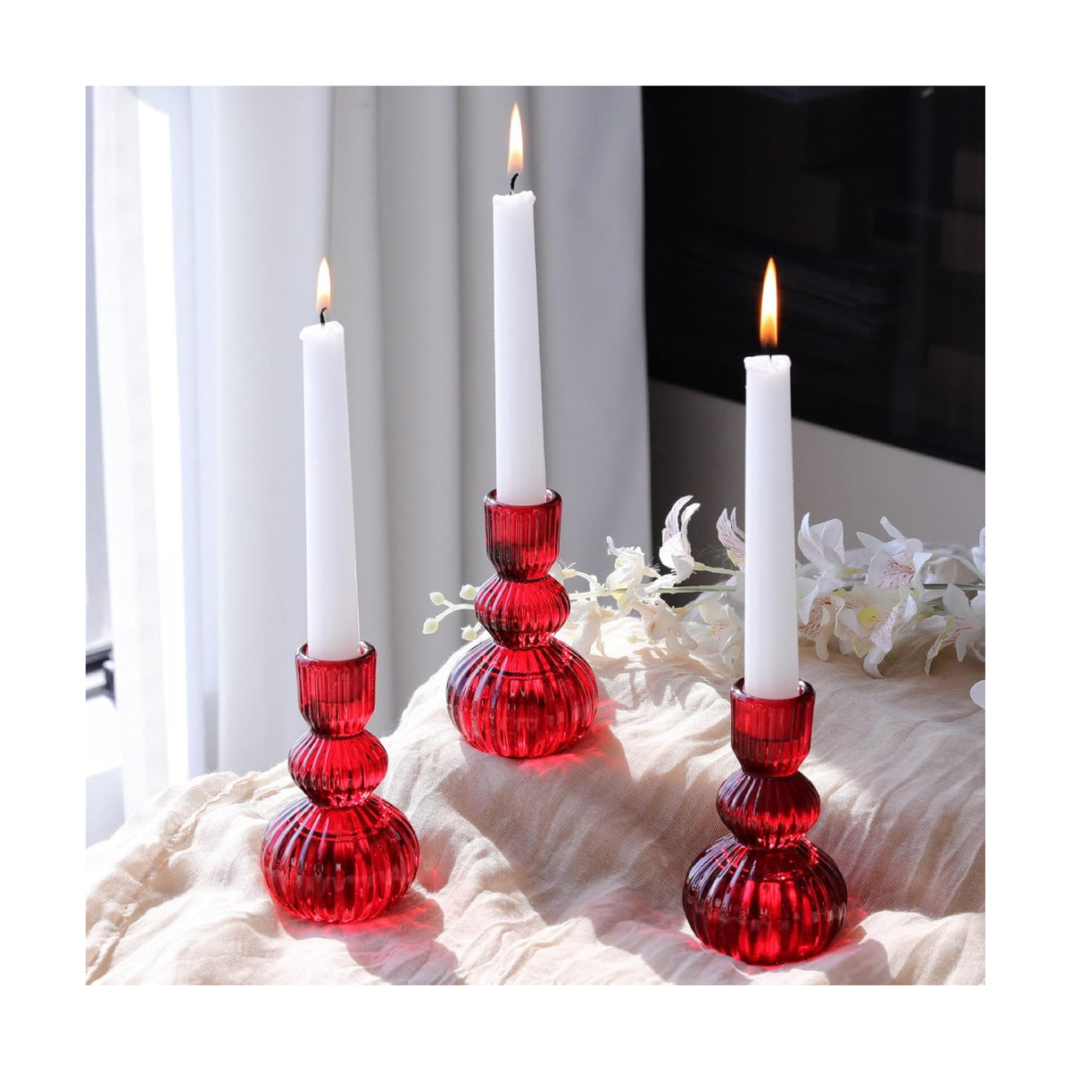 Woho 3pcs Red Taper Candle Holders Glass, Candlestick Holders for Christmas
