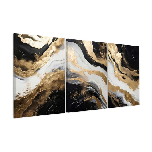 3 Piece Framed Black and White Abstract Wall Art / 24"L x 16"W / Black and Gold
