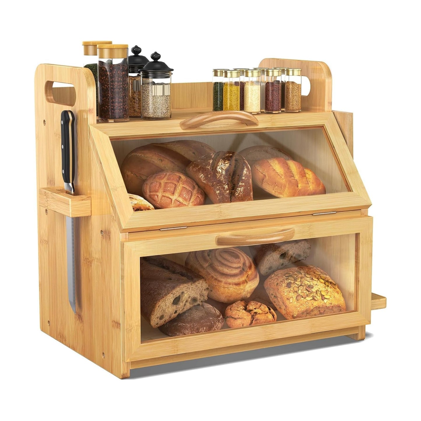 BAMBANG Bread Box for Kitchen Countertop, Extra Large Double Layer Bamboo Breadbox with Clear Window, Farmhouse Wooden