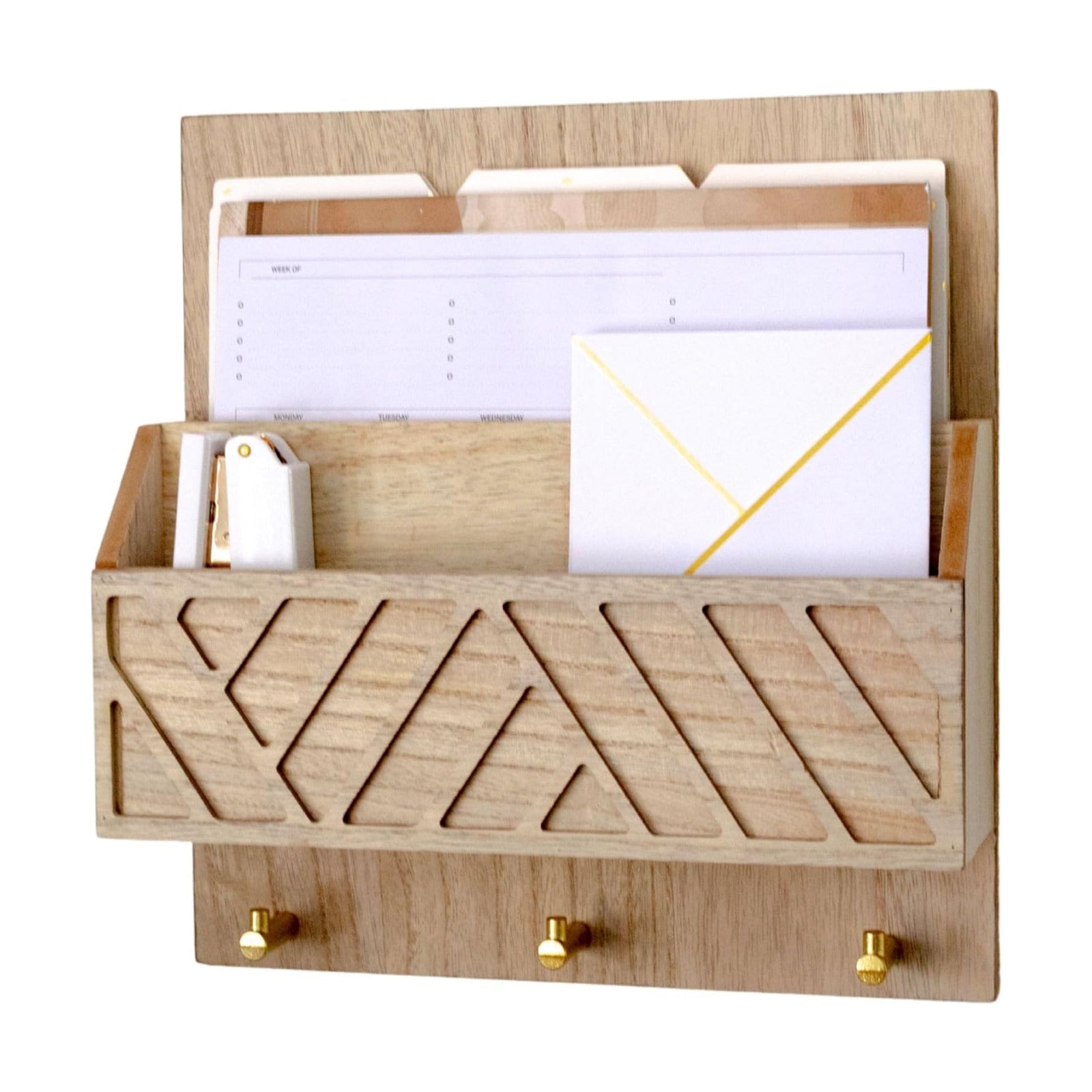 3 Hooks / 2-Tier Letter Organizer / Natural Wood