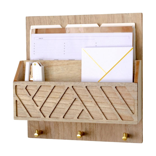 3 Hooks / 2-Tier Letter Organizer / Natural Wood
