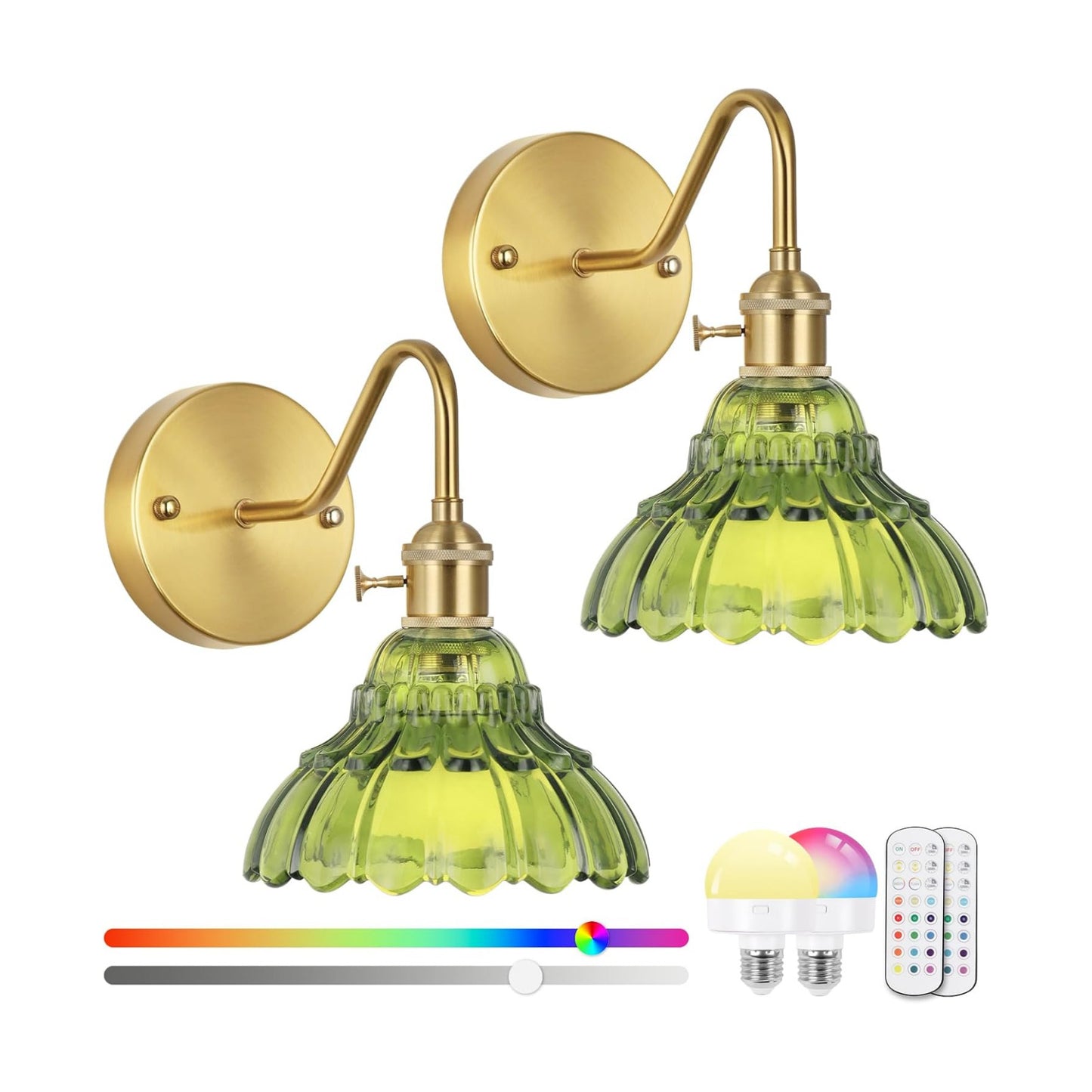 Vintage Battery Operated Wall Sconces Set Of Two, Indoor not Hardwired Brass Green Glass Lampshade