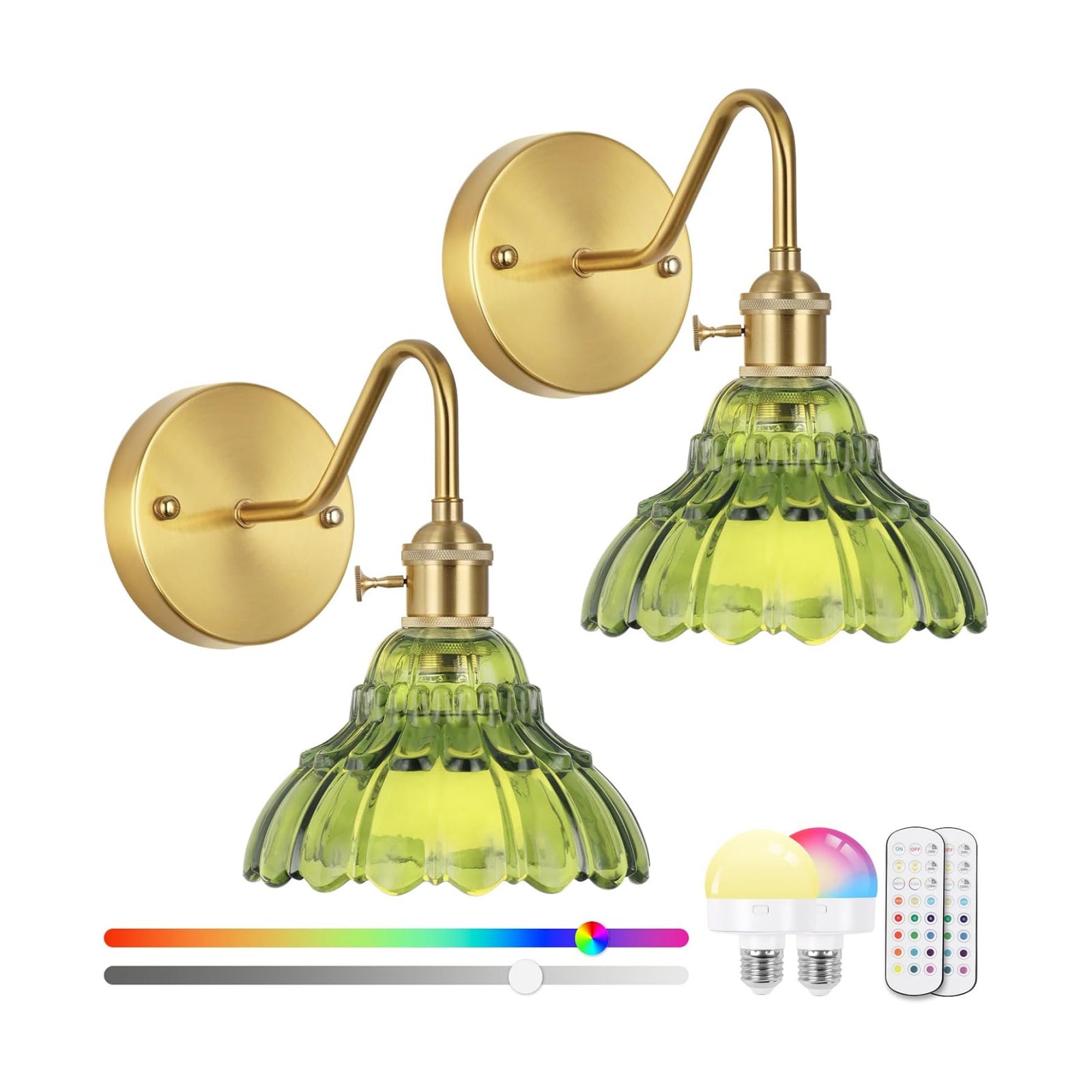 Vintage Battery Operated Wall Sconces Set Of Two, Indoor not Hardwired Brass Green Glass Lampshade