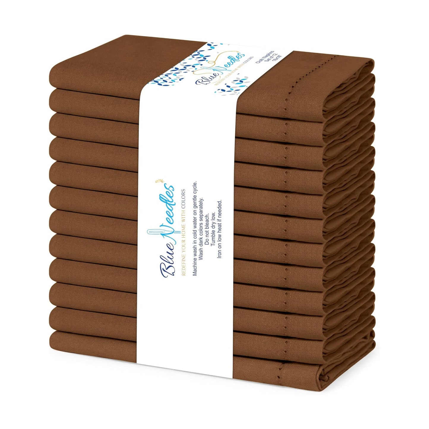 Blue Needles Set of 12 Hemstitch Linen Napkins 100% Cotton Nut Brown Cloth Dinner Napkins 18x18 inches, Soft, Reusable