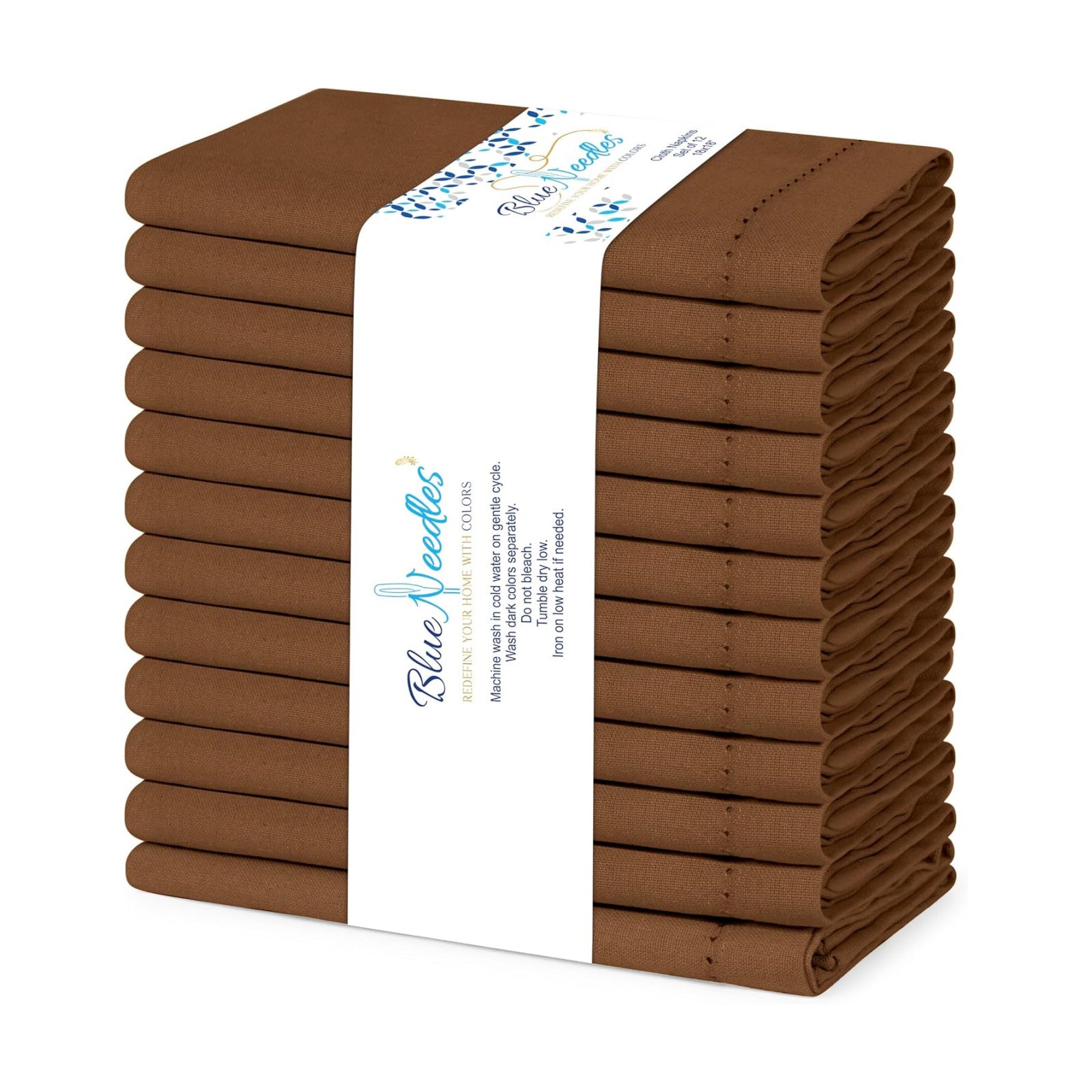 Blue Needles Set of 12 Hemstitch Linen Napkins 100% Cotton Nut Brown Cloth Dinner Napkins 18x18 inches, Soft, Reusable