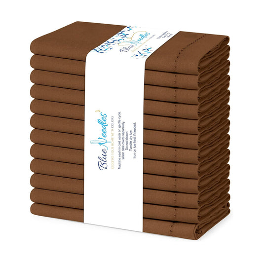 Blue Needles Set of 12 Hemstitch Linen Napkins 100% Cotton Nut Brown Cloth Dinner Napkins 18x18 inches, Soft, Reusable