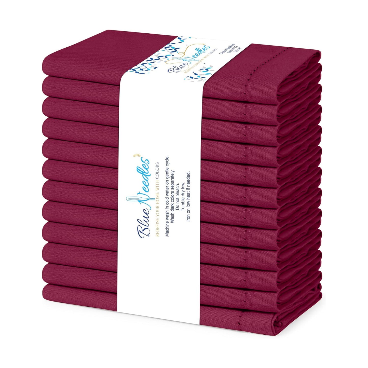 Blue Needles Set of 12 Hemstitch Linen Napkins 100% Cotton Burgundy Cloth Dinner Napkins 18x18 inches, Soft, Reusable