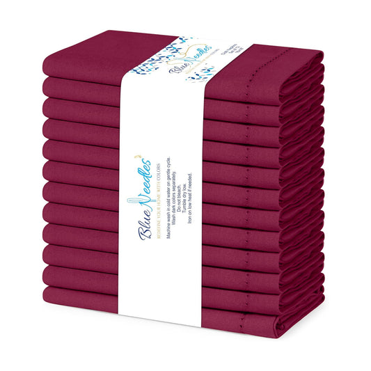 Blue Needles Set of 12 Hemstitch Linen Napkins 100% Cotton Burgundy Cloth Dinner Napkins 18x18 inches, Soft, Reusable