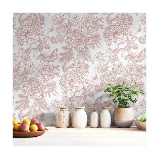 Floral Peel and Stick Wallpaper Boho Contact Paper 17.3''x197'' Peony / 17.3 x 197 / Pink and White