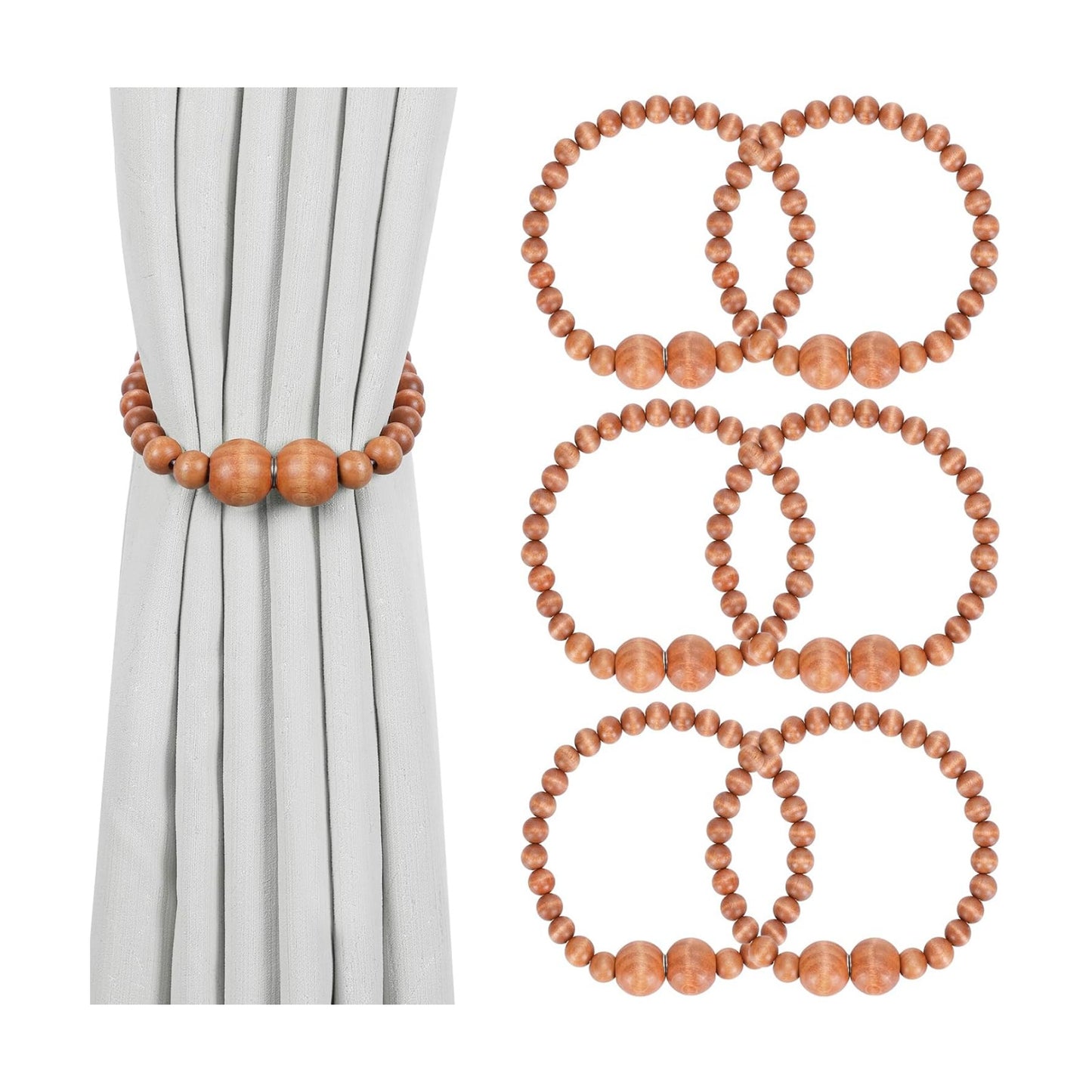 KLOGTSIND Magnetic Curtain Tiebacks, 6 Pack Wood Bead Curtain Holdbacks | Curtain Holders for Bedroom Decor, Boho Room