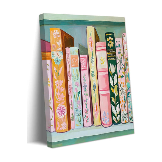 Book Wall Art Vintage Flower Books Canvas Wall Decor / Pastel Books / Wrapped Canvas / 16"L x 12"W