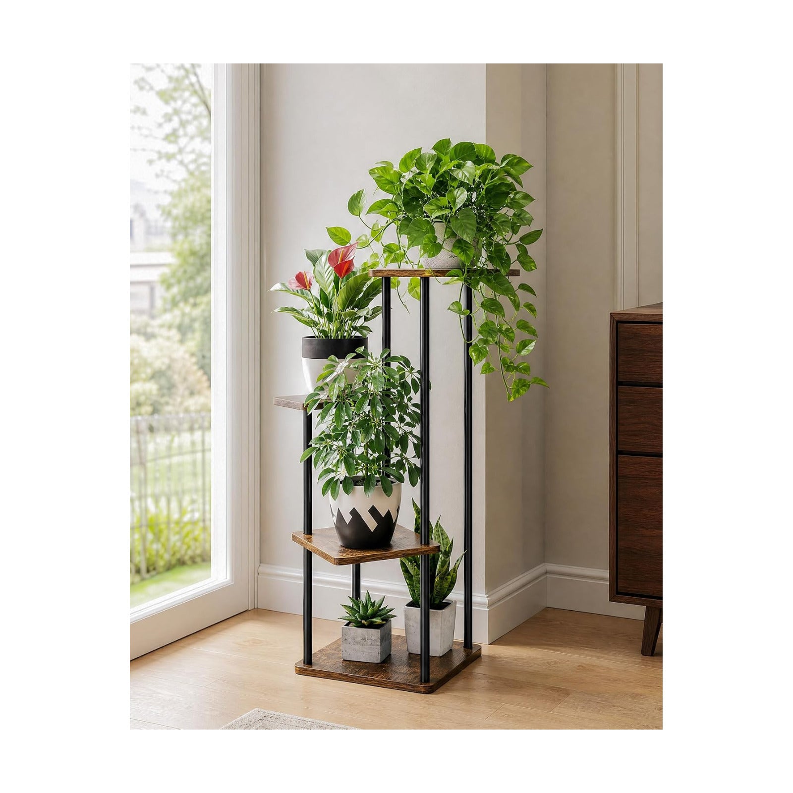 Bamworld Small Plant Stand Corner Plant Shelf for Indoor Plants | 4 Tier Flower Stand Wooden Plant Holder for Balcony