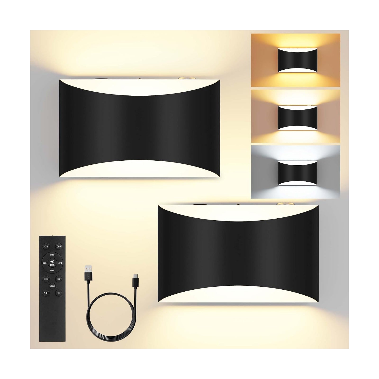 Battery Operated Wall Sconces Set of 2 Rechargeable Wireless Black | 8000mAh Remote & Touch Control Wall Lamps 3 Color
