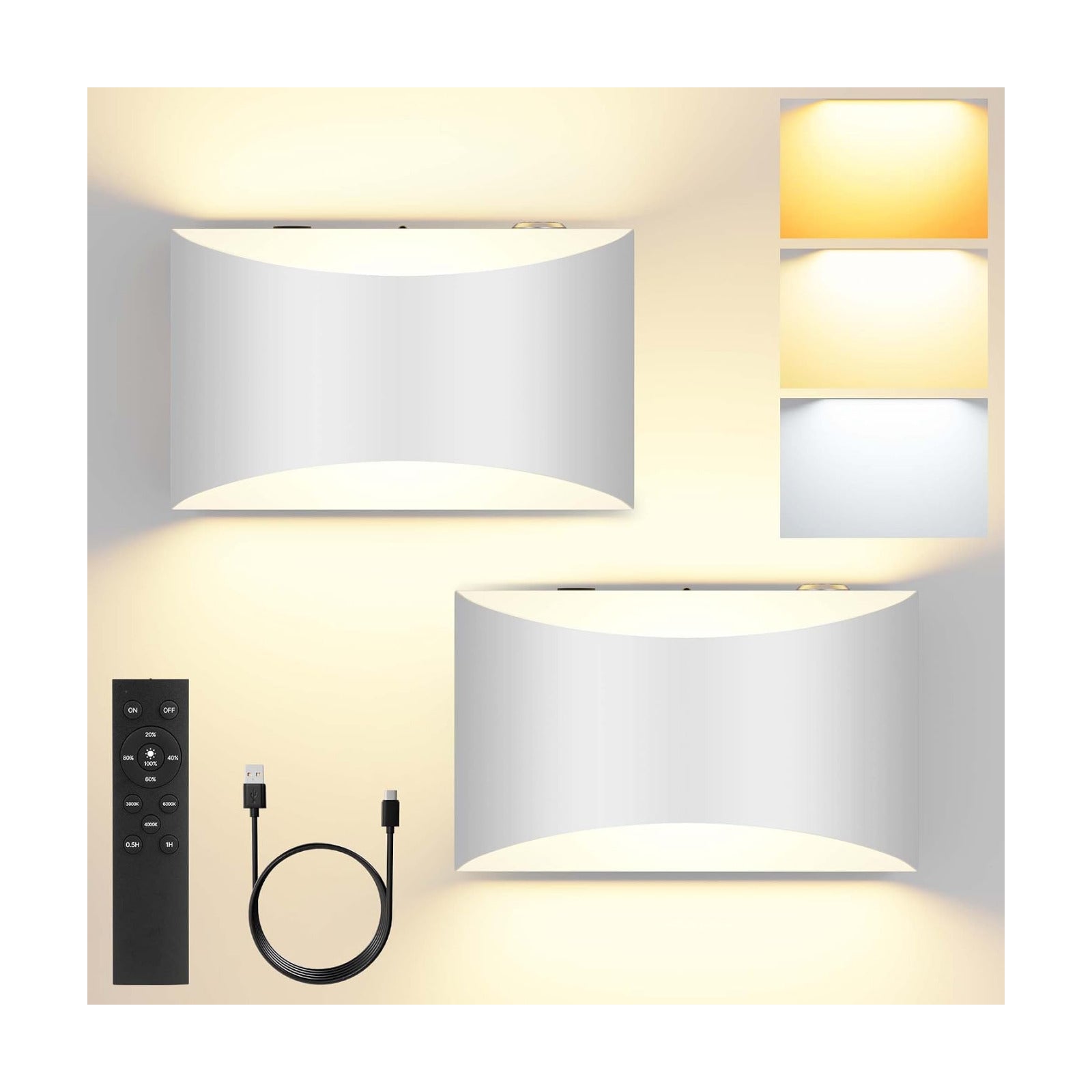 Battery Operated Wall Sconces Set of 2 Rechargeable Wireless White | 8000mAh Remote & Touch Control Wall Lamps 3 Color