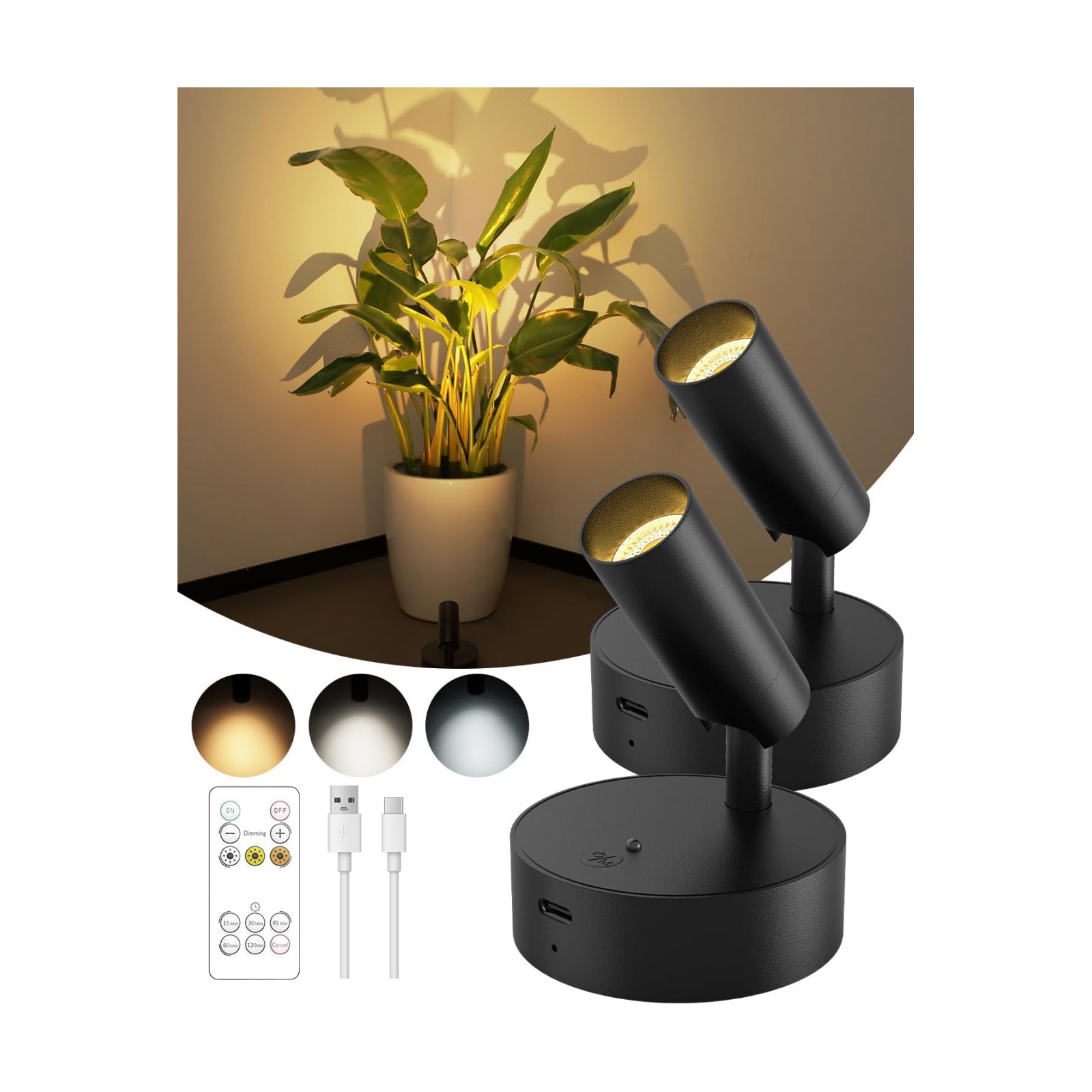 Spotlights Indoor with Remote, 3000Mah Rechargeable Wireless Plant Light | Up Lights with 3 Colors & Dimmer, Small LED
