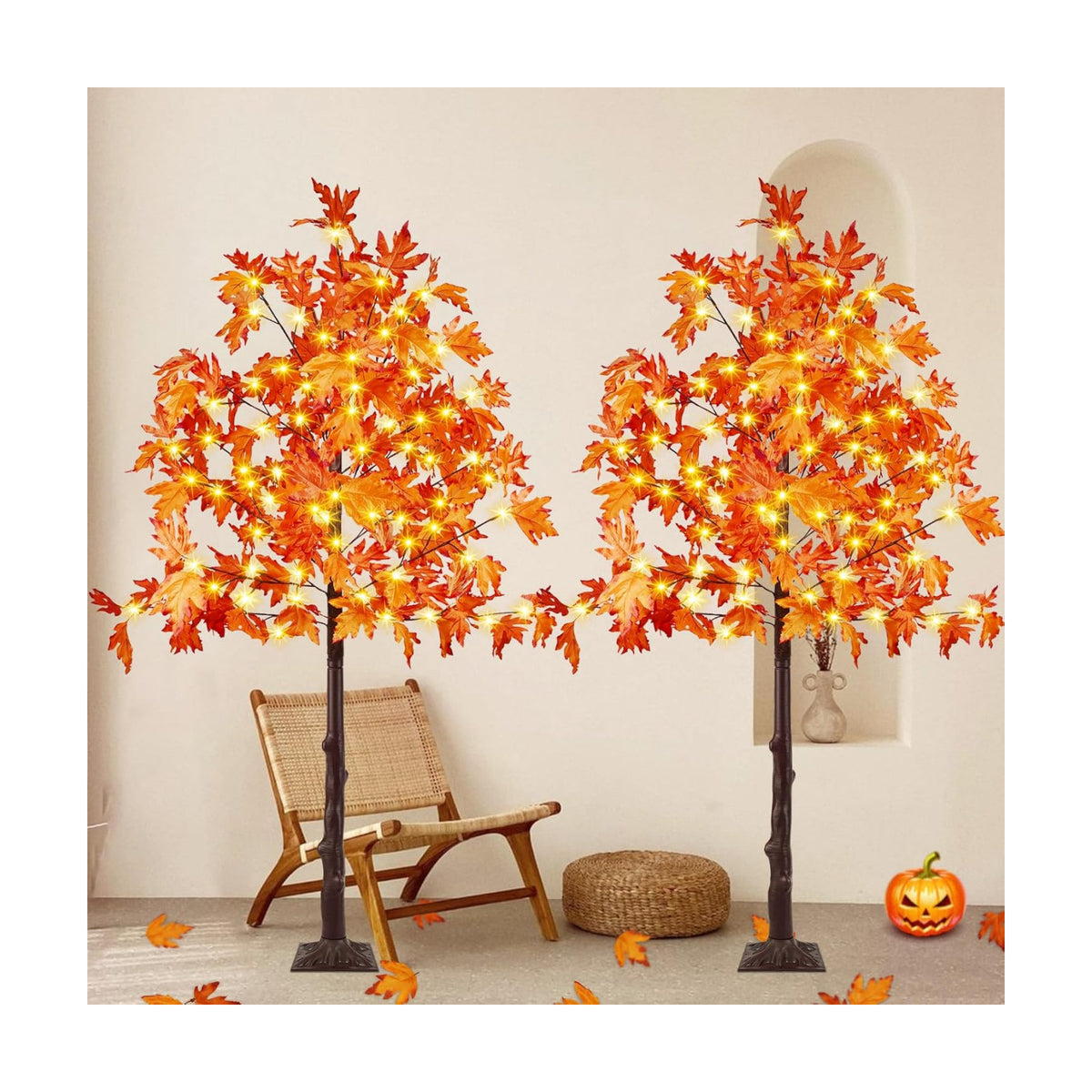 2 Pack 5FT Lighted Maple Tree 200 LED Artificial Fall Tree for Home Decor