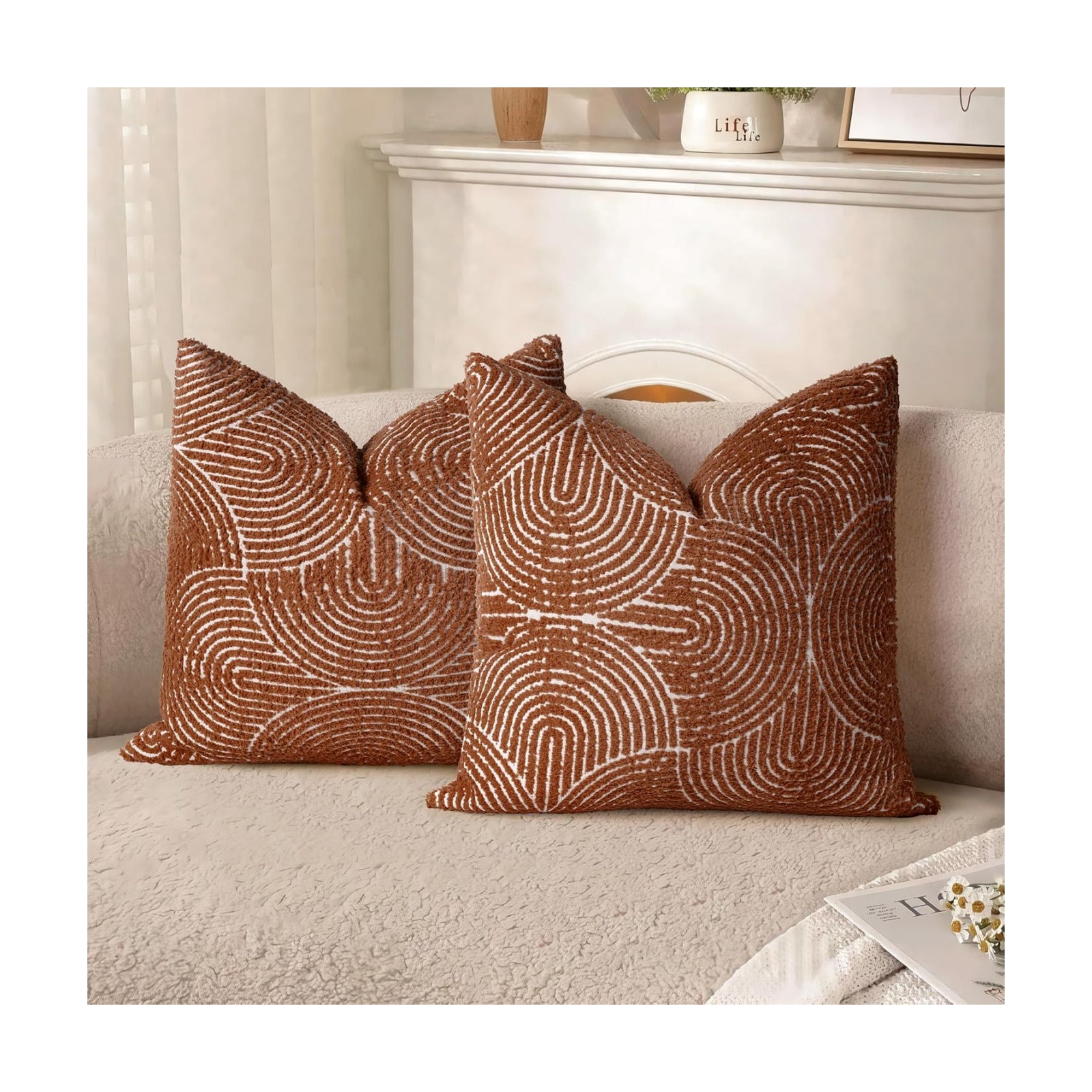 Boho Decorative Textured Throw Pillow Covers / Burnt Orange / 16 x 16 / Set of 2
