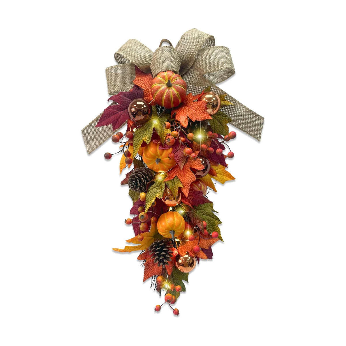 24" Pre-Lit Fall Teardrop Swag with 15 LED Lights & Timer, Pumpkins, Maple Leaves, Pinecones & Burlap Bow, Battery Operated Autumn Door Swag for Thanksgiving & Halloween Decor