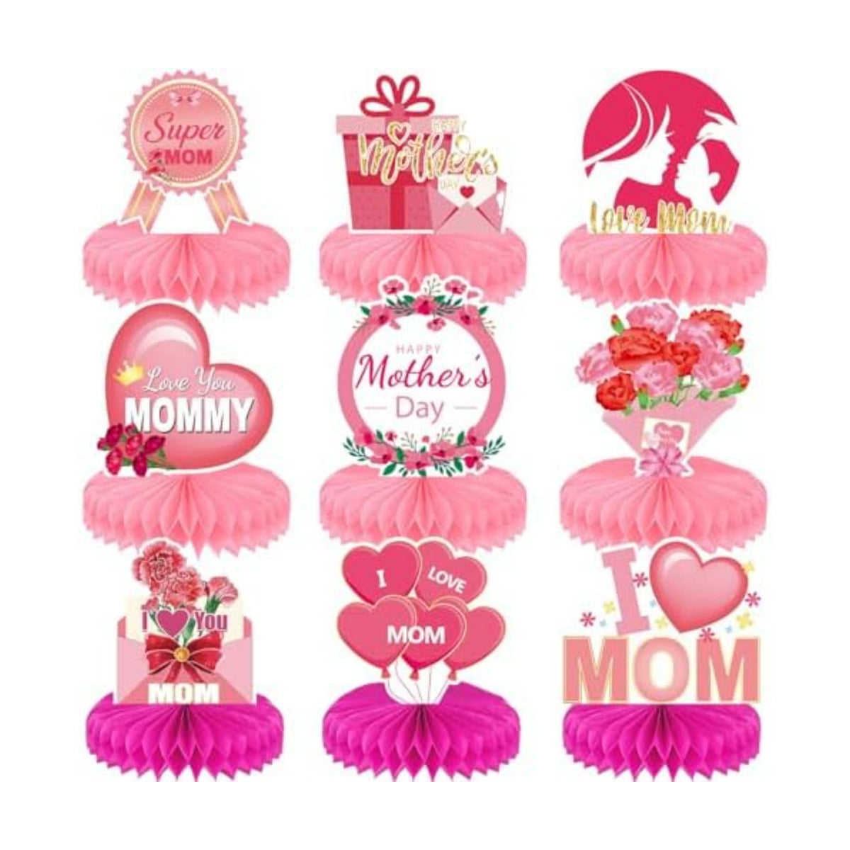 Mothers Day Table Decorations - Happy Mothers Day Centerpieces for Tables, 9Pcs Pink Super Mom Theme Honycomb Centerpieces, 3D Flowers and Heart Table Toppers, for Mother‘s Party Supplies