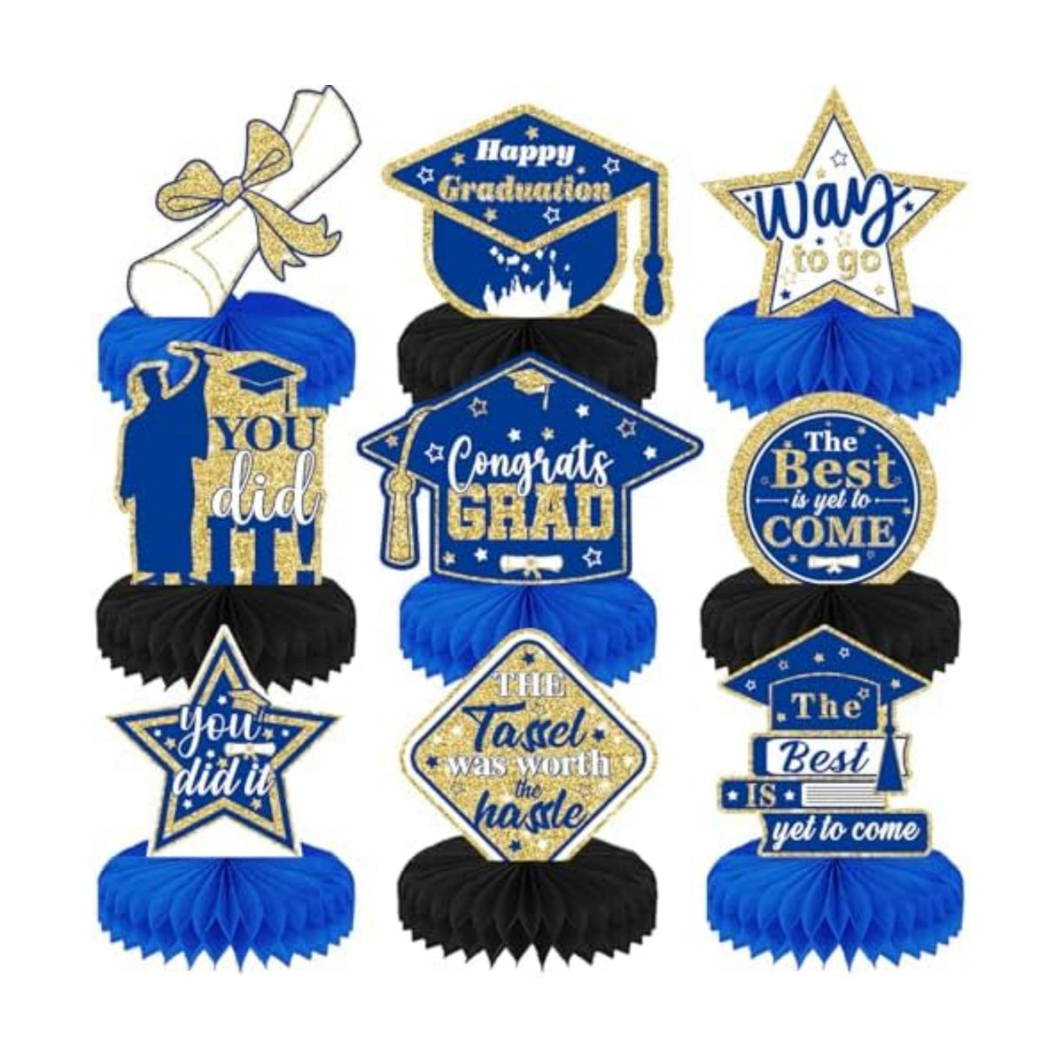 Graduation Centerpieces for Tables, 9Pcs Graduation Table Decorations, 3D Royal Blue Congrats Grad Honeycomb Centerpieces Table Toppers, Photo Props for Class of 2026 Grad Party Favors