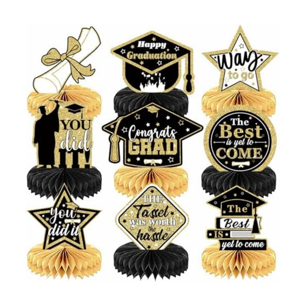 Graduation Table Decorations 2026 - Graduation Centerpieces for Tables, 9 Pcs Black and Gold Honeycomb Centerpieces, 3D Congrats Grad Table Toppers for Class of 2026 Grad Party Decorations
