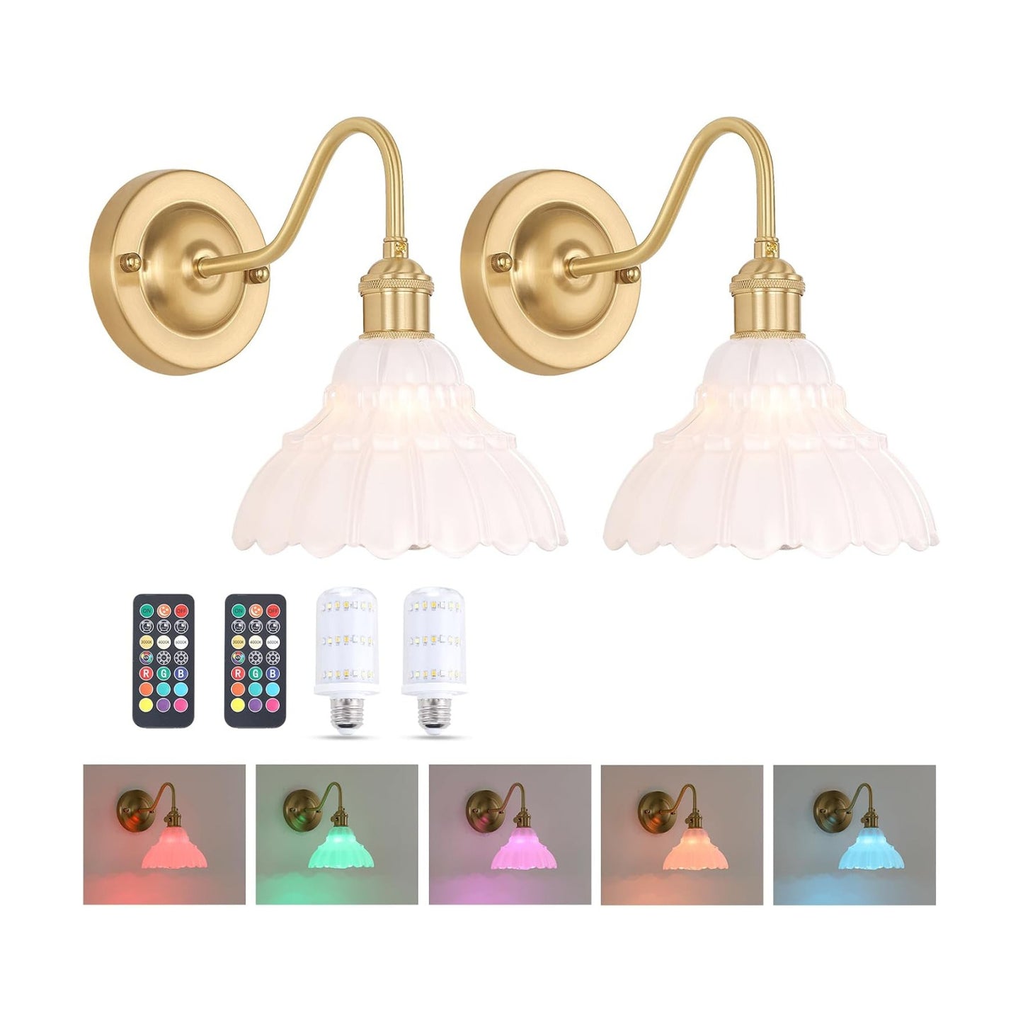 Shenmoyl Battery Operated Wall Sconce Set of 2, Vintage Rechargeable Wall Lights with White Lily Glass Shade, Wireless