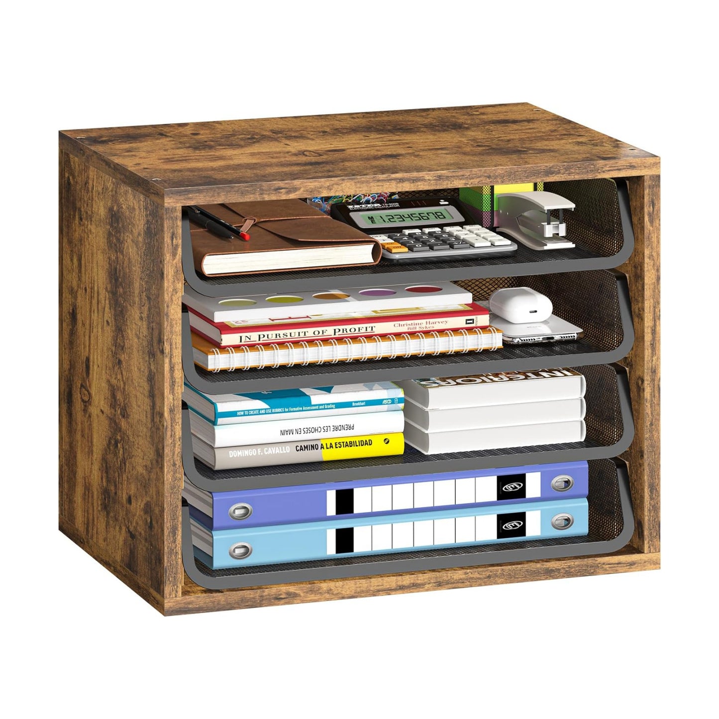 Simple Trending 4-Tier Desk File Organizer, Paper Organizer, Rustic Brown | Adjustable Letter Trays, Wood Desktop File
