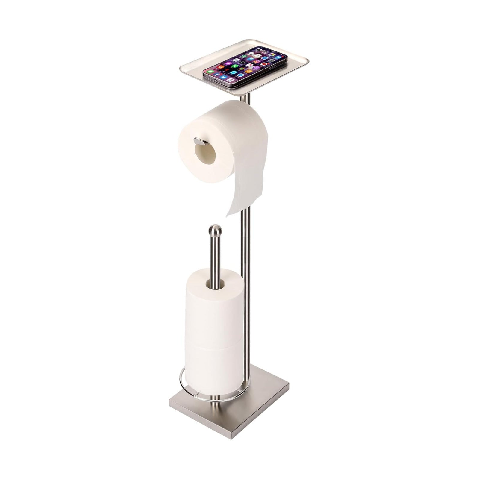 Toilet Paper Holder with Tray At the Top, Heavy-Weighted Stainless Steel Base No Wobbly, Freestanding Toilet Paper