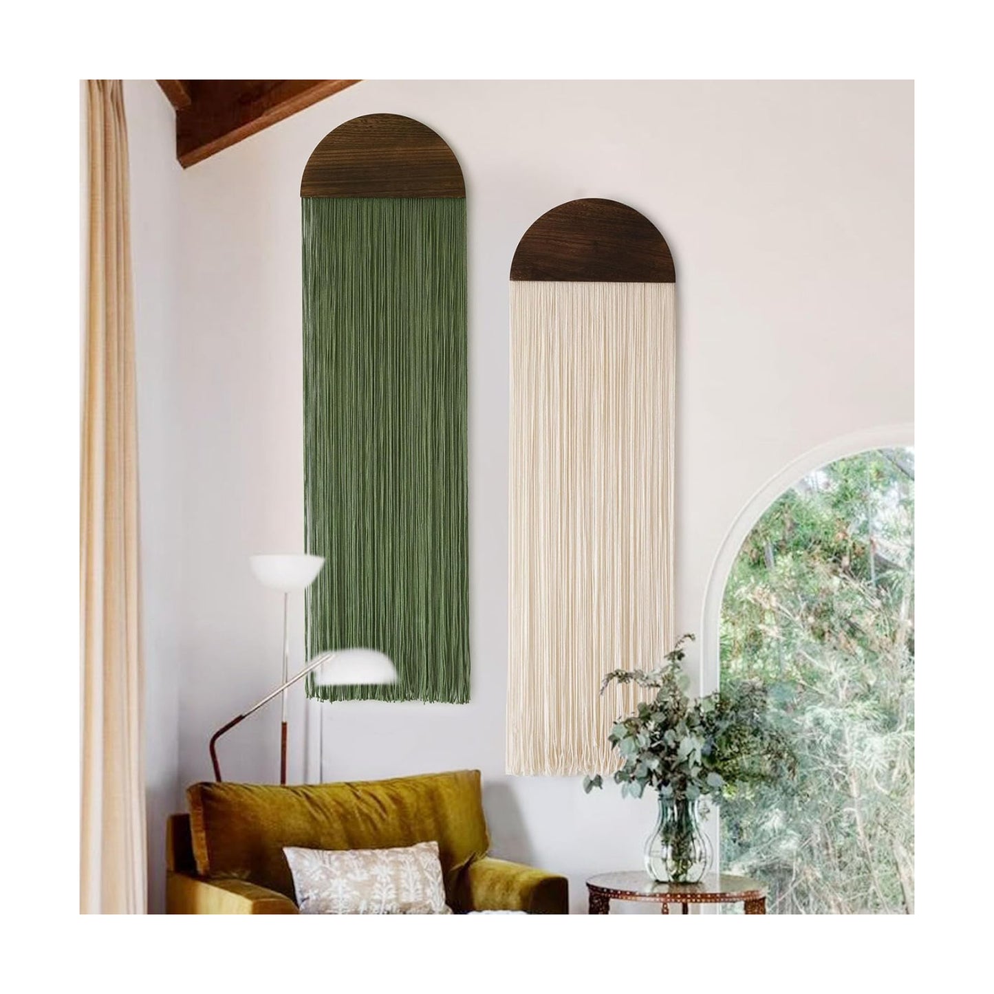 Macrame Wall Hanging Boho Decor Wall Tapestry Handmade Round Tassel / Ivory and Green / Set of 2