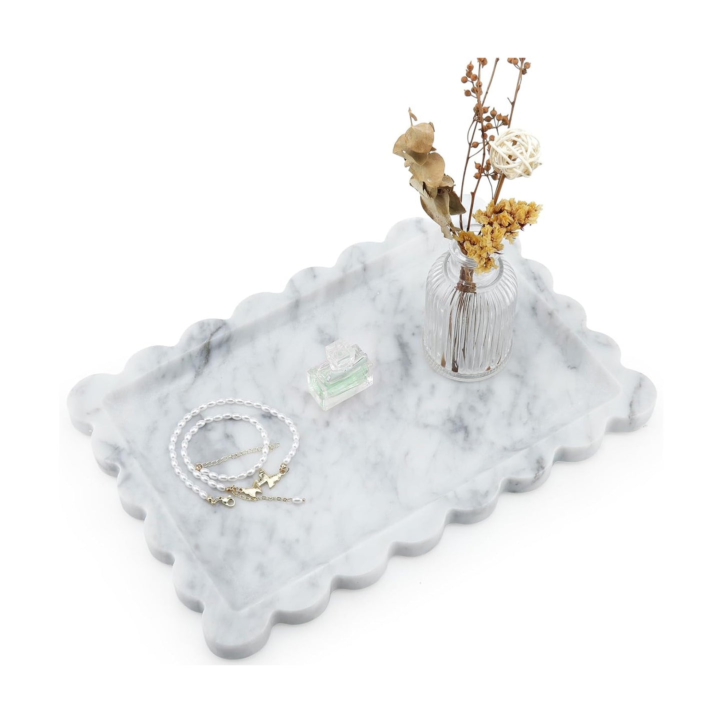 Real Natural Scalloped Marble Tray / White / 12 x 8 x 0.7