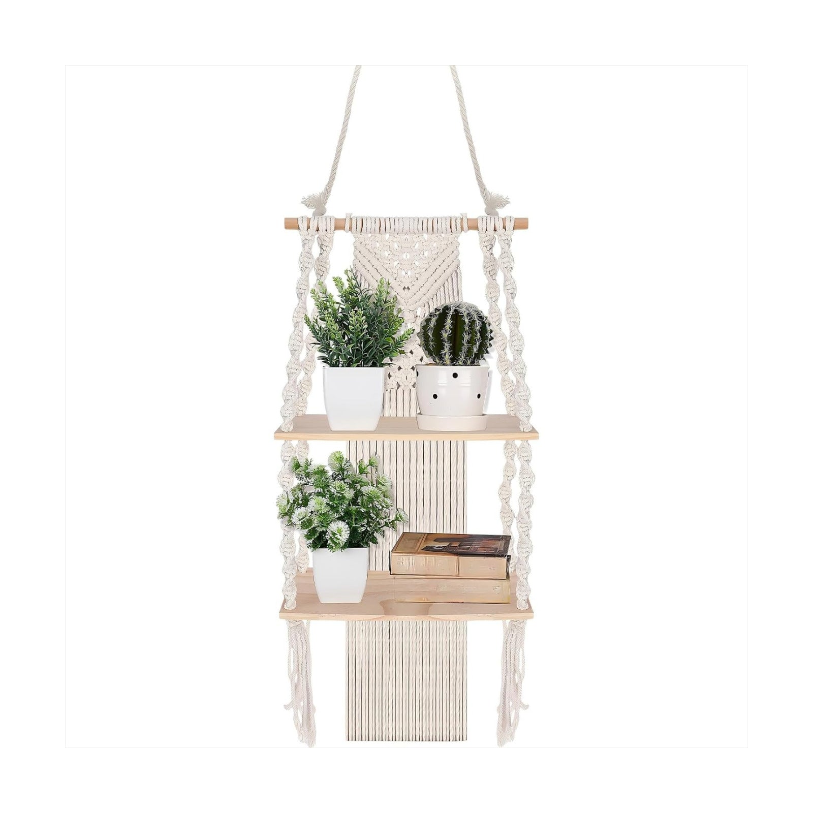 Macrame Wall Hanging Shelf 2 Tier Handmade Boho Hanging Wall Shelf Floating Woven Rope / Classic