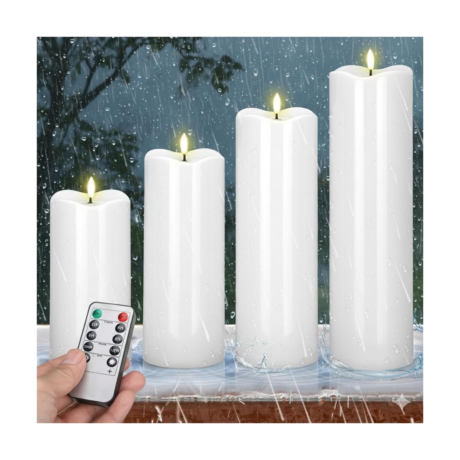 Rossesay 8" 10" 12" 14" x 4" Large Waterproof Outdoor Flameless Candles, 4 Pcs LED Pillar Candles with Remote and