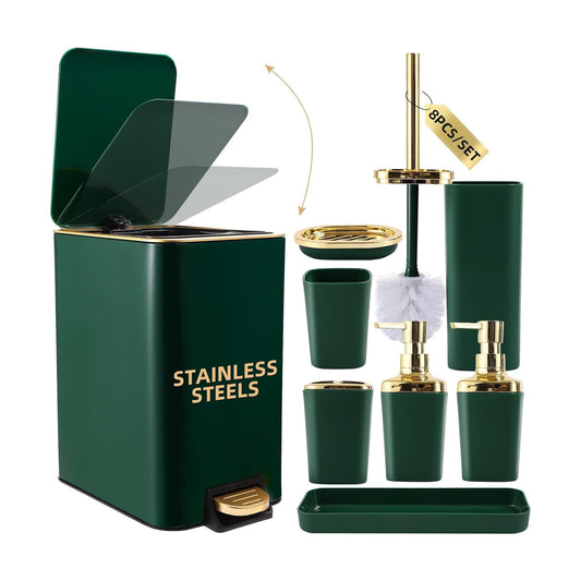 XLHOMO Bathroom Set Bathroom Accessories Set 8 Piece Green and Gold Bathroom Set, Bathroom Sets with Stainless Steel