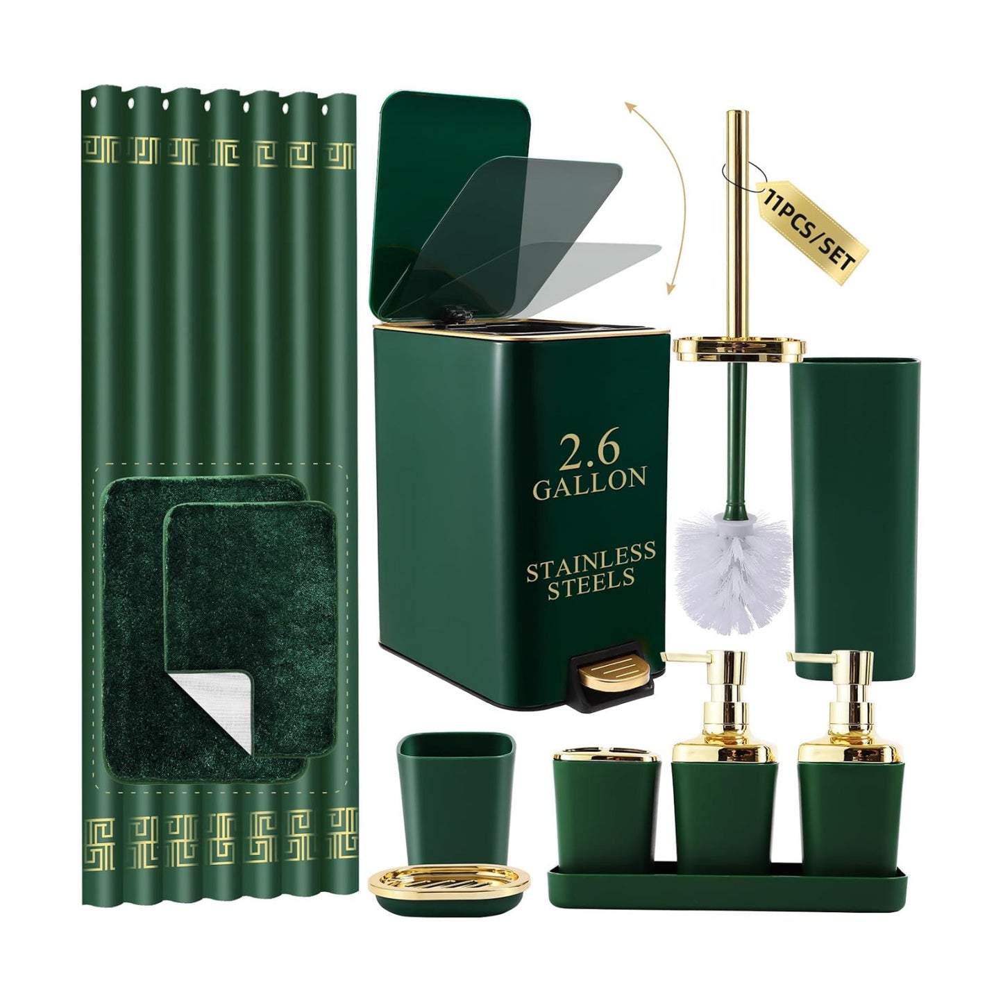 XLHOMO Bathroom Sets with Shower Curtain and Rugs Bathroom Accessories Set Hunter Green Bathroom Set,Soap Dispenser &